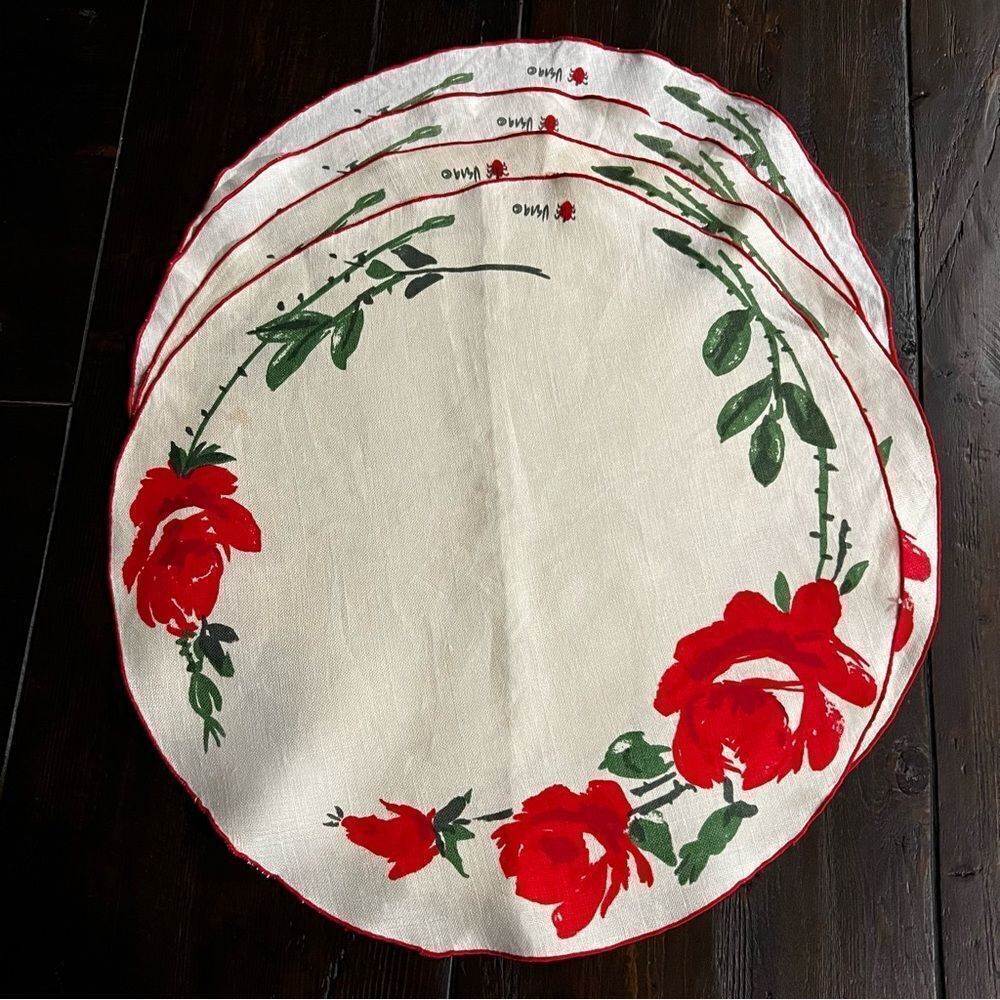 REAR Vera Neumann Round Linen Floral Placemats set a 4 Red & off White